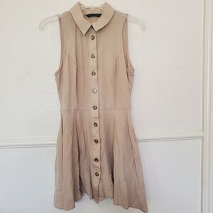 Zara Dress Sleeveless Tan Button-Up Dress With Pocket No Belt